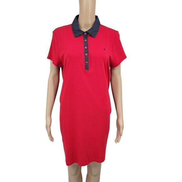 Tommy Hilfiger Red T-shirt Polo Dress with Navy Polka-dot Collar Women's XL - Picture 1 of 13